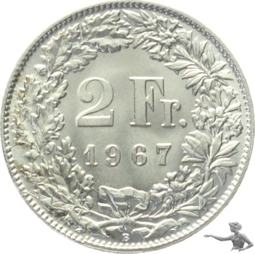 1967 Schweiz 2 Franken | Stempelriss durch den Kranz der Wertseite
